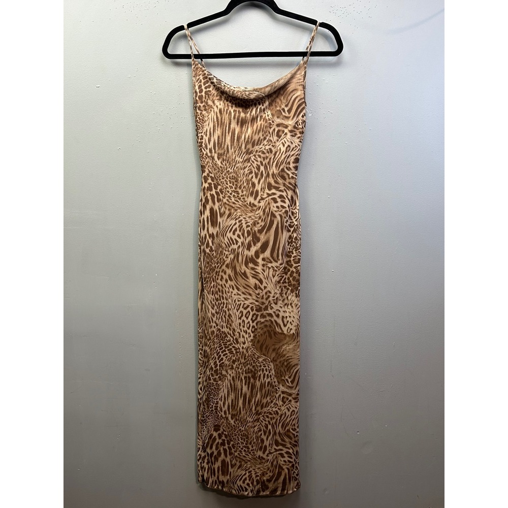See You Monday Dress Womens XS Brown‎ Leopard Print Cowl Neck Maxi Mesh
